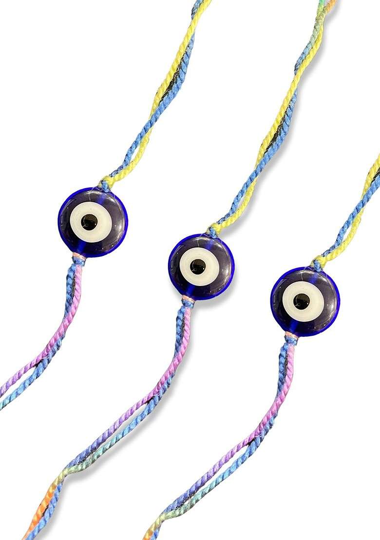 Blue Set Of 3 Evil Eye Rakhis With Flower Turkish Charm - Indya
