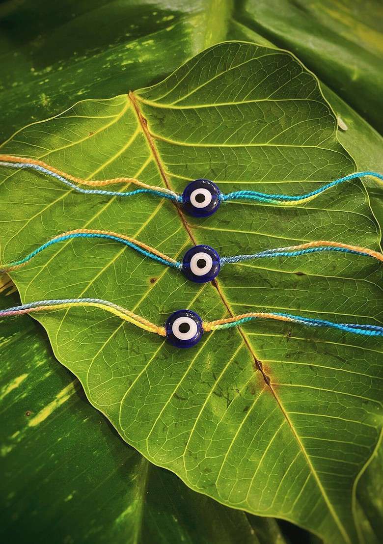 Blue Set Of 3 Evil Eye Rakhis With Flower Turkish Charm - Indya