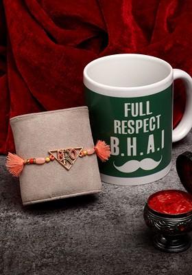 Pink And Gold Toned Beaded Bro Rakhi With Mug And Roli Chawal