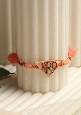 Pink And Gold Toned Beaded Bro Rakhi With Roli Chawal