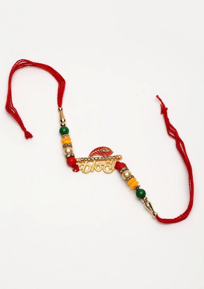 Gold Toned Pearl Beaded Rakhi With Roli Chawal - Indya
