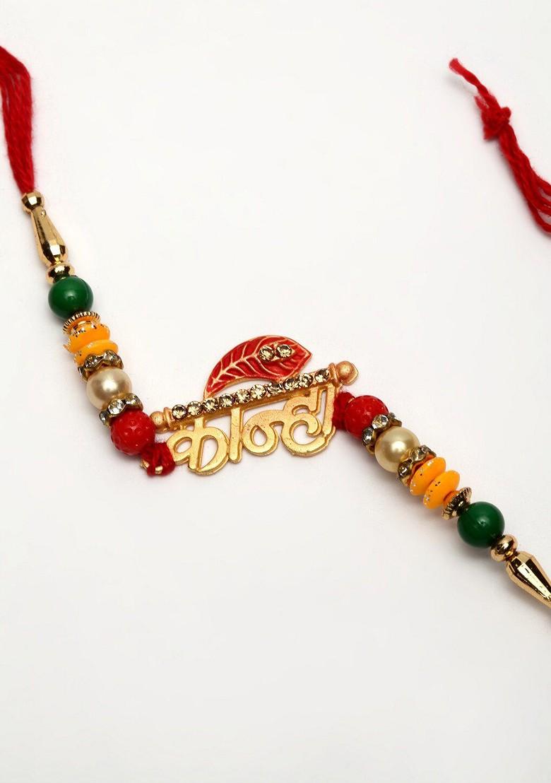 Gold Toned Pearl Beaded Rakhi With Roli Chawal - Indya