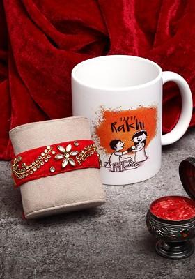 Red And Gold Toned Kundan Rakhi With Happy Rakhi Mug