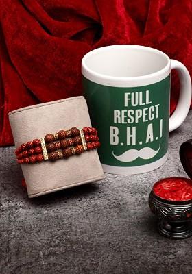 Men Red And Gold Toned Traditional Rudraksha Rakhi With Mug And Roli Chawal