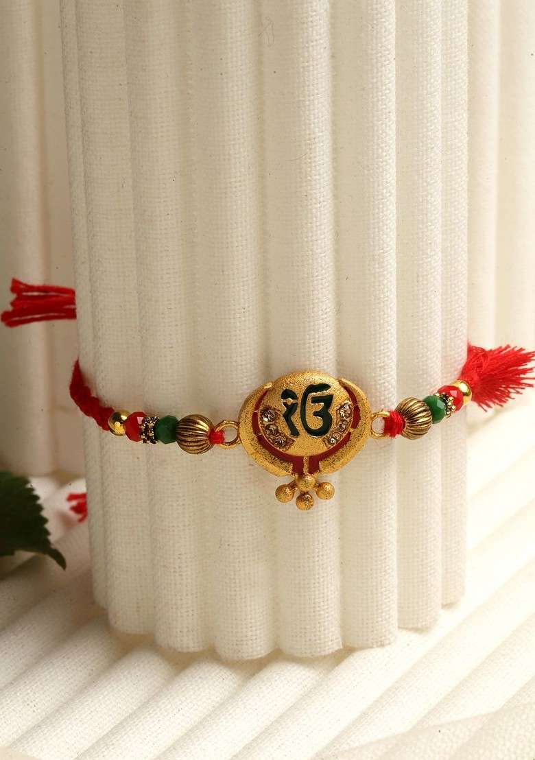Gold Toned Red Beaded Khanda Rakhi With Roli Chawal - Indya