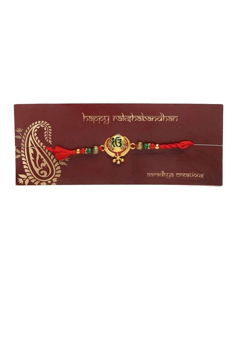 Gold Toned Red Beaded Khanda Rakhi With Roli Chawal - Indya