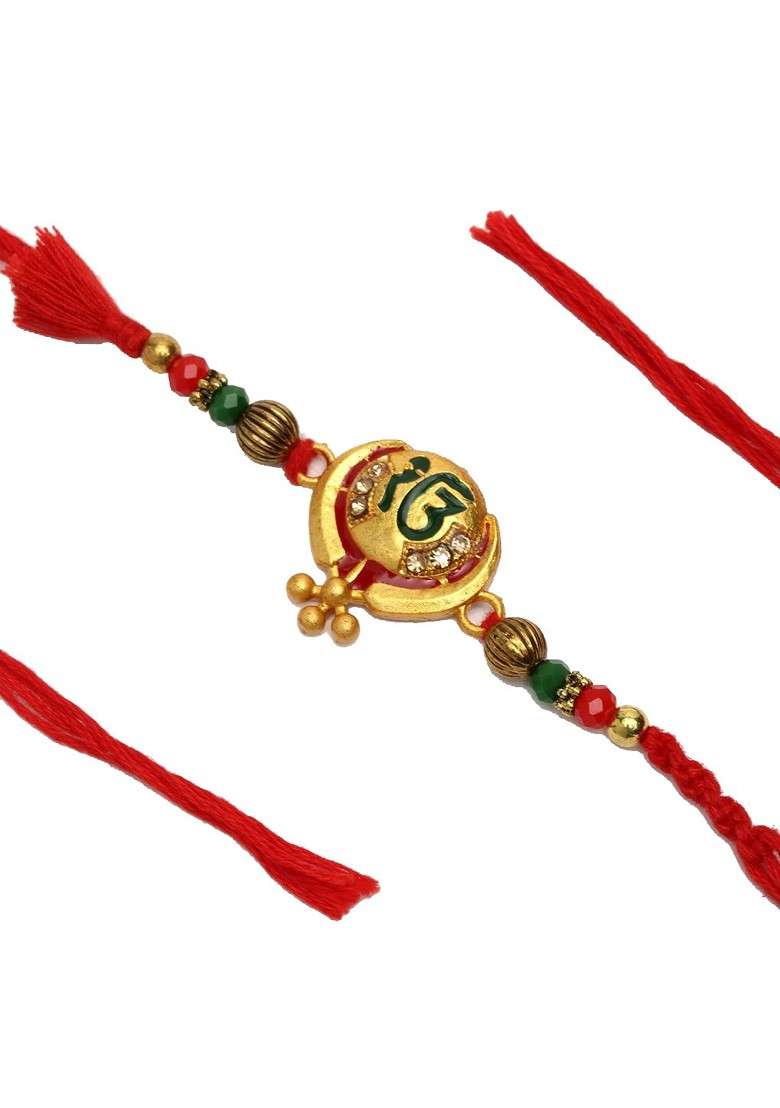 Gold Toned Red Beaded Khanda Rakhi With Roli Chawal - Indya