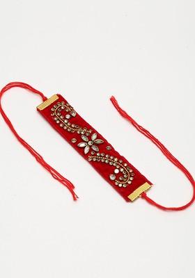 Red And Gold Toned Kundan Rakhi With Roli Chawal