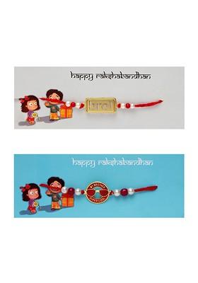 Men Pack Of 2 Red And White Brass Gold Plated Beaded Rakhi