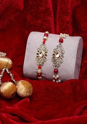 Men Set Of 2 Gold Toned And Maroon Brass Gold Plated Handcrafted Rakhis