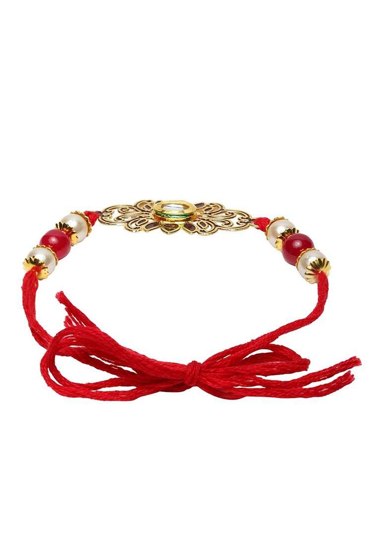 Men Set Of 2 Gold Toned And Maroon Brass Gold Plated Handcrafted Rakhis - Indya