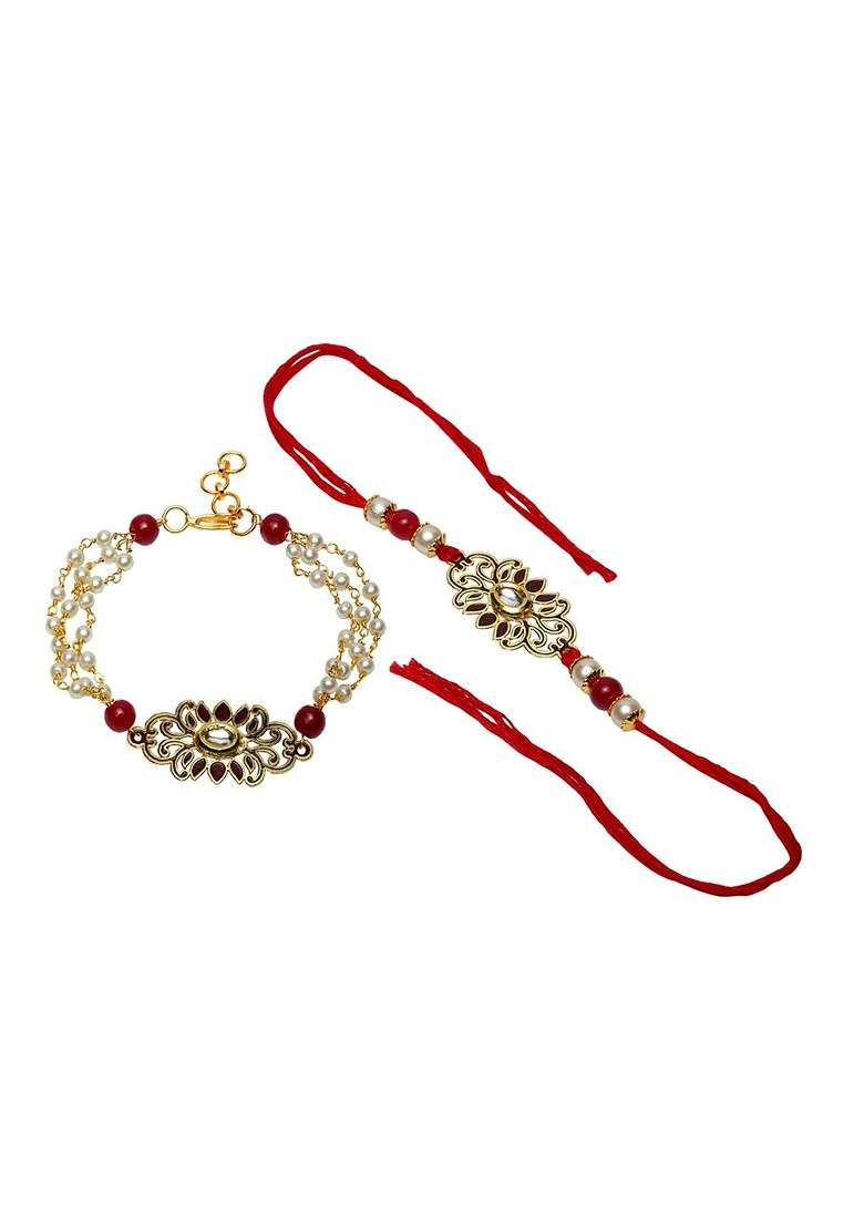 Men Set Of 2 Gold Toned And Maroon Brass Gold Plated Handcrafted Rakhis - Indya