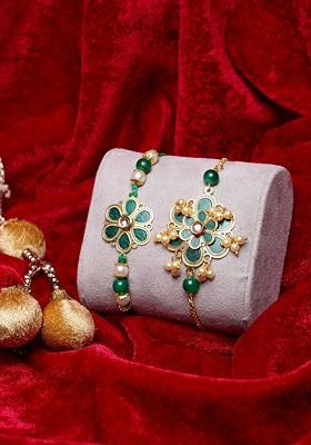 Men Gold Plated And Green Brass Handcrafted Floral Rakhi And Lumba Bracelet