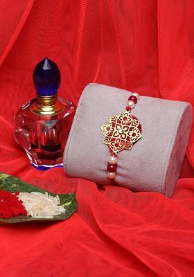 Men Red Gold Plated Handcrafted Wraparound Rakhi With Roli Chawal