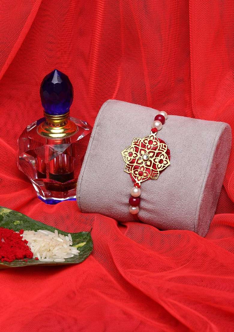 Men Red Gold Plated Handcrafted Wraparound Rakhi With Roli Chawal - Indya