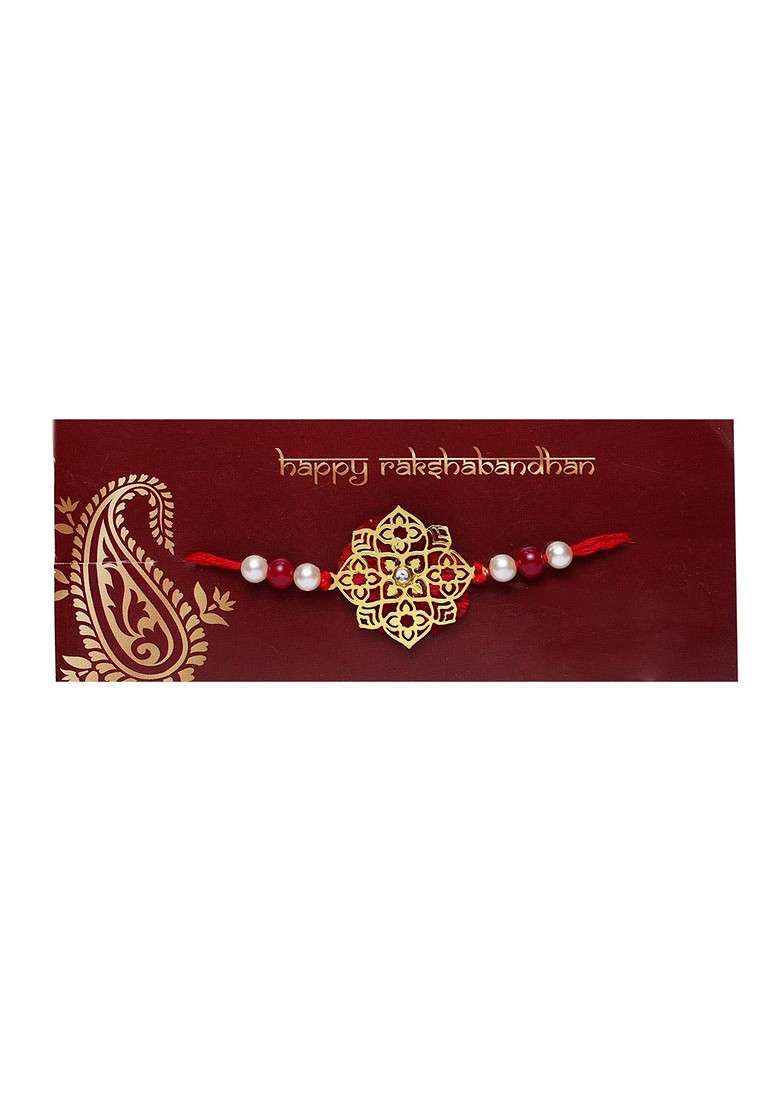 Men Red Gold Plated Handcrafted Wraparound Rakhi With Roli Chawal - Indya