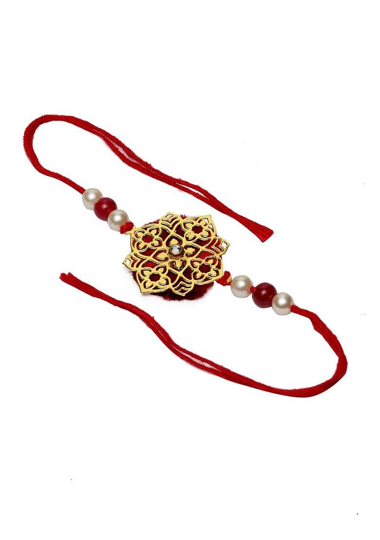 Men Red Gold Plated Handcrafted Wraparound Rakhi With Roli Chawal - Indya