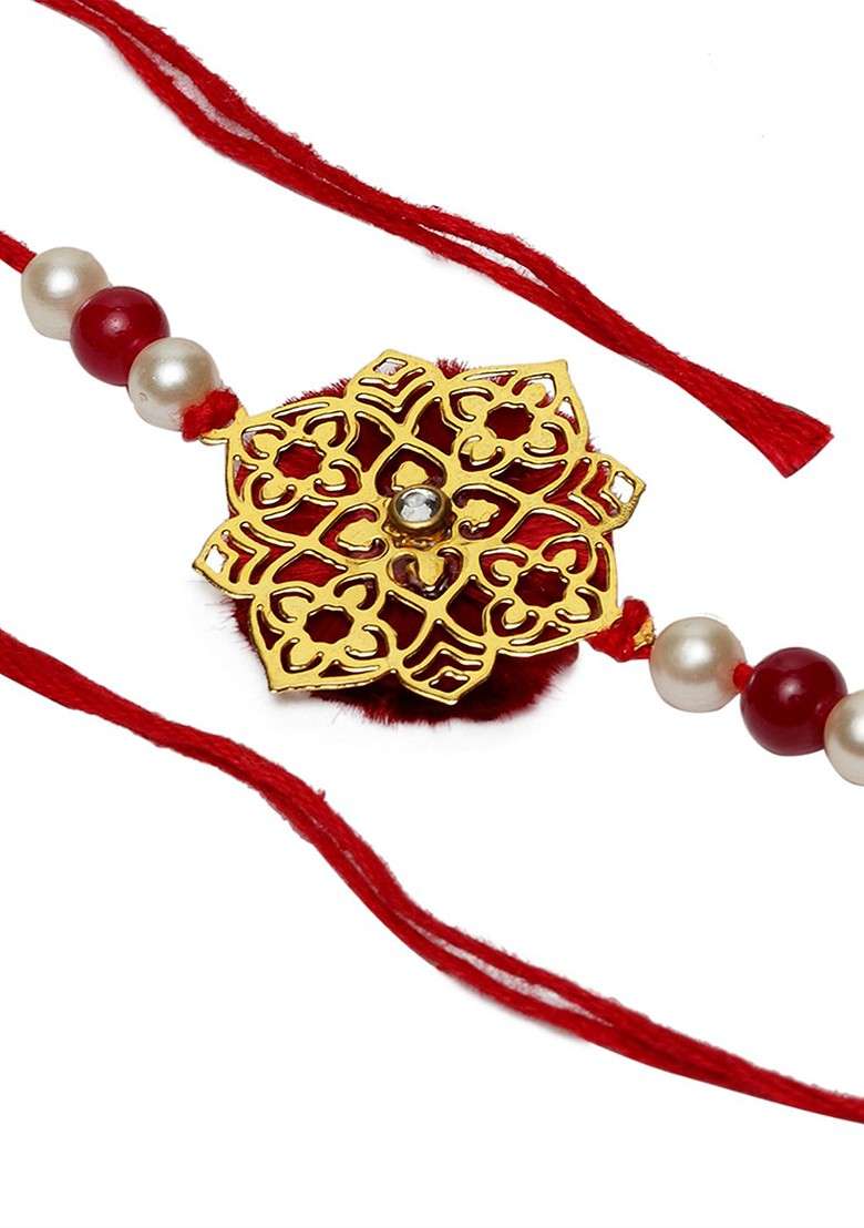 Men Red Gold Plated Handcrafted Wraparound Rakhi With Roli Chawal - Indya