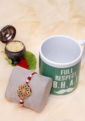 Men Gold Plated And Red Handcrafted Rakhi With Mug And Roli Chawal Gift Set