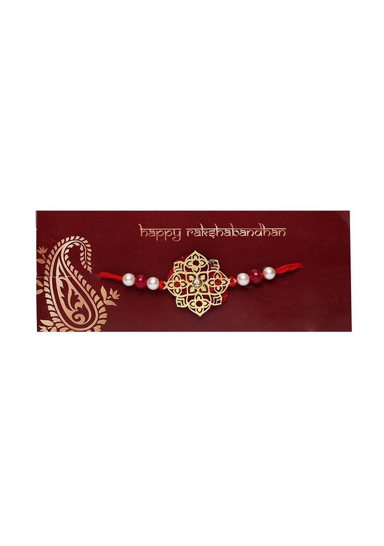 Men Gold Plated And Red Handcrafted Rakhi With Mug And Roli Chawal Gift Set - Indya