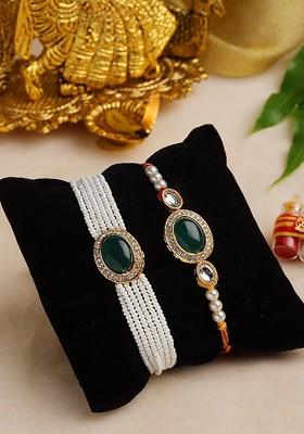 Set Of 2 Gold Plated Stone Studded And Beaded Rakhis With Roli Chawal