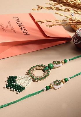 Set Of 2 Gold Plated Beaded And Studded Lumba And Thread Rakhis With Roli Chawal