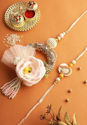 Set Of 2 Floral Bhaiya Bhabhi Rakhi With Roli Chawal And Greeting Card
