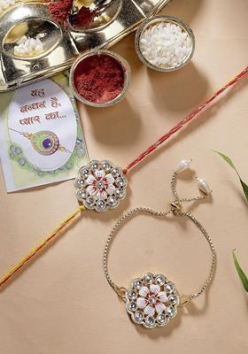 Set Of 2 Gold Kundan Studded Bhaiya Bhabhi Rakhi With Roli Chawal Chandan Mishri