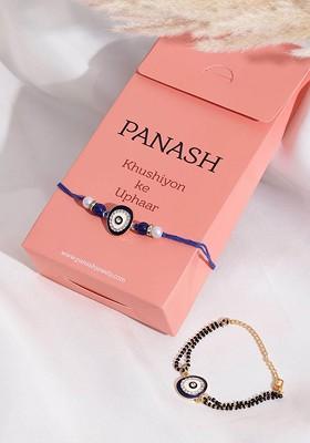 Set Of 2 Gold Plated Evil Eye Beaded Wraparound And Thread Rakhis With Roli Chawal