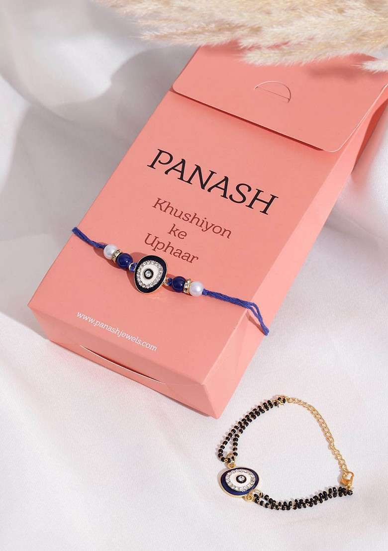 Set Of 2 Gold Plated Evil Eye Beaded Wraparound And Thread Rakhis With Roli Chawal - Indya