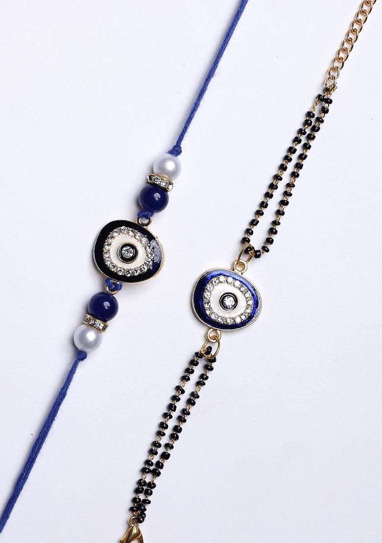 Set Of 2 Gold Plated Evil Eye Beaded Wraparound And Thread Rakhis With Roli Chawal - Indya