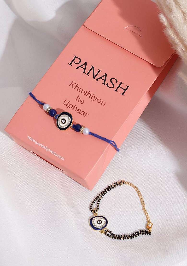 Set Of 2 Gold Plated Evil Eye Beaded Wraparound And Thread Rakhis With Roli Chawal - Indya