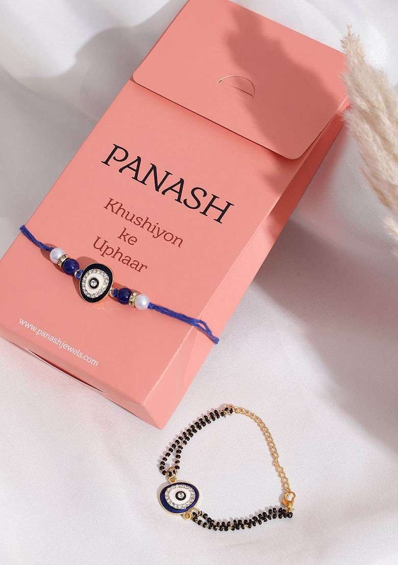 Set Of 2 Gold Plated Evil Eye Beaded Wraparound And Thread Rakhis With Roli Chawal - Indya