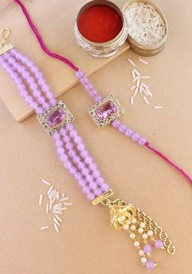 Men Kundan And Hanging Lumba Rakhi Combo With Roli Chawal And Greeting Card