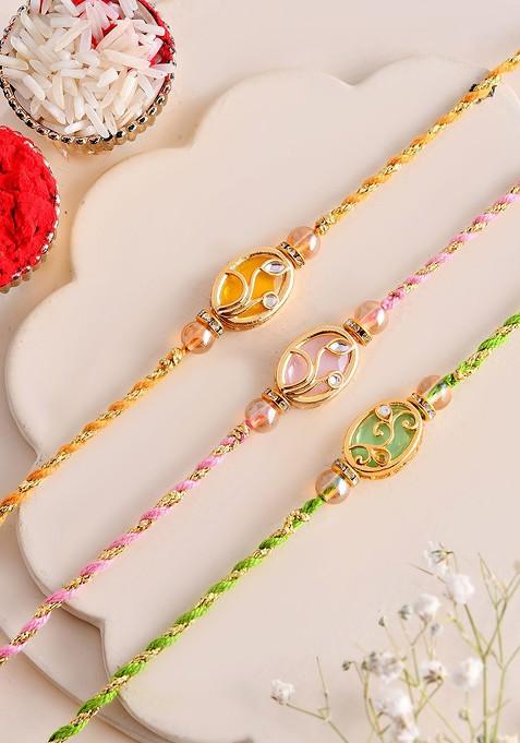 Pack Of 3 Thread Rakhi With Oval Meenakari Design