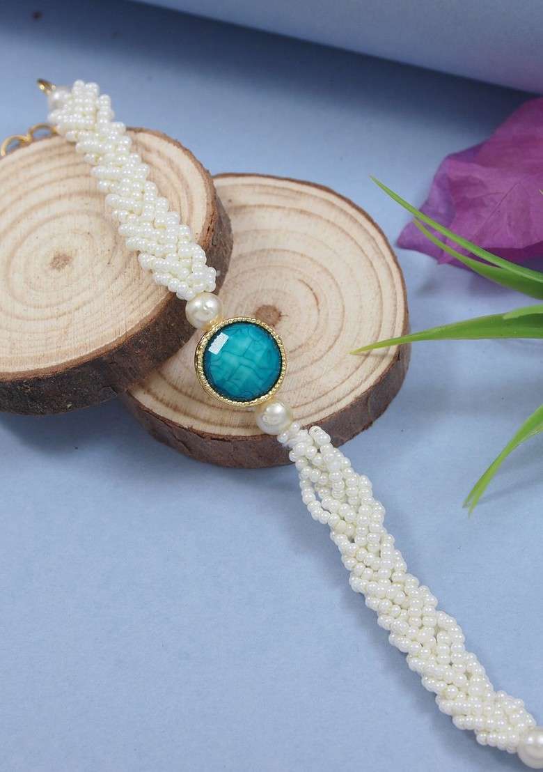 Kundan Pearl Beaded Lumba Bracelet Rakhi - Indya