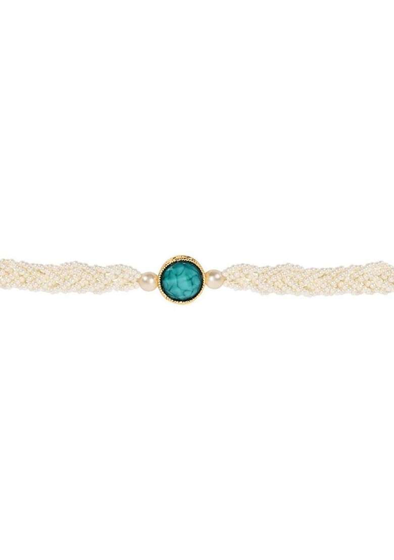 Kundan Pearl Beaded Lumba Bracelet Rakhi - Indya