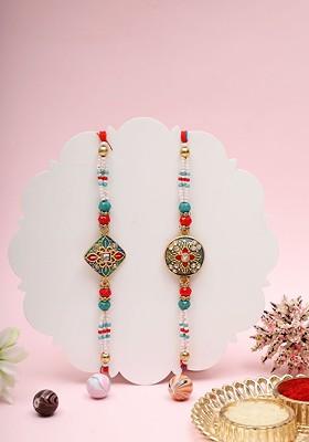 Set 0F 2 Meenakari Beaded Thread Rakhi With Roli Chawal And Greeting Card