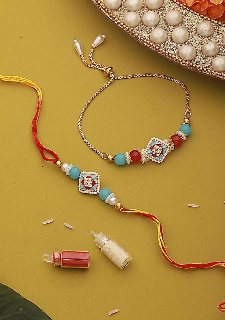 Blue Set Of 2 Kundan Studded And Pearl Beaded Bhaiya Bhabhi Rakhi With Roli Chawal - Indya