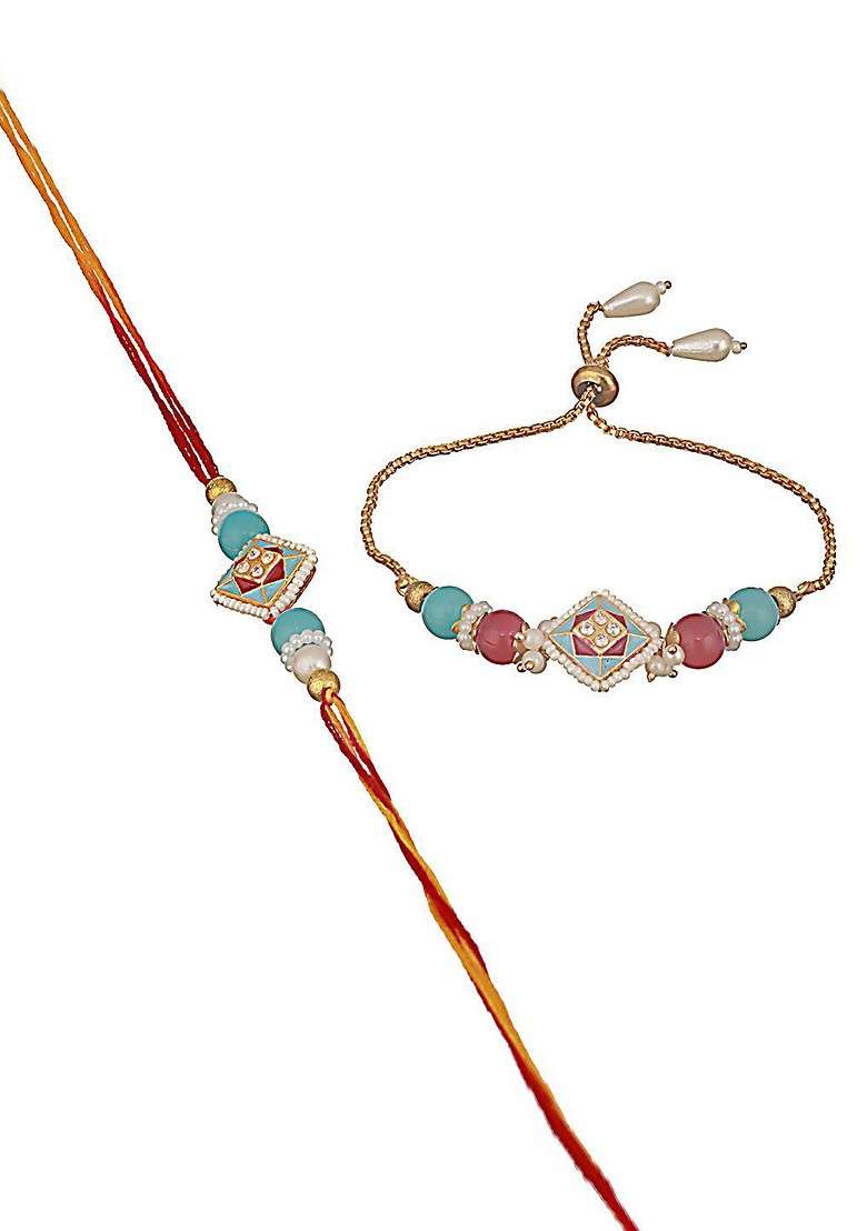 Blue Set Of 2 Kundan Studded And Pearl Beaded Bhaiya Bhabhi Rakhi With Roli Chawal - Indya