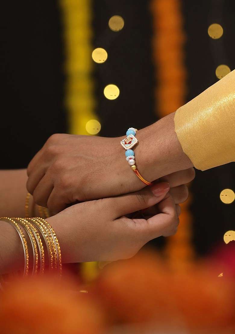 Blue Set Of 2 Kundan Studded And Pearl Beaded Bhaiya Bhabhi Rakhi With Roli Chawal - Indya