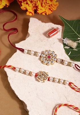 Unisex Set Of 2 Beaded Bhai Bhabhi Rakhis With Roli And Chawal