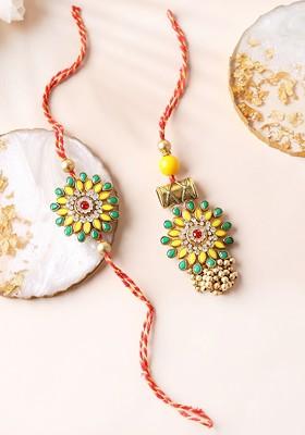 Gold Plated Set Of 2 Stone Studded Bhaiya Bhabhi Rakhis With Roli Chawal