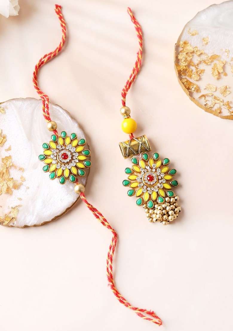 Gold Plated Set Of 2 Stone Studded Bhaiya Bhabhi Rakhis With Roli Chawal - Indya