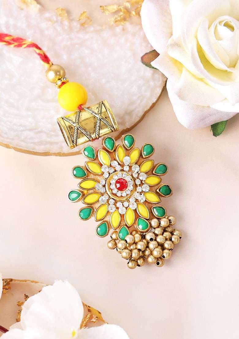 Gold Plated Set Of 2 Stone Studded Bhaiya Bhabhi Rakhis With Roli Chawal - Indya