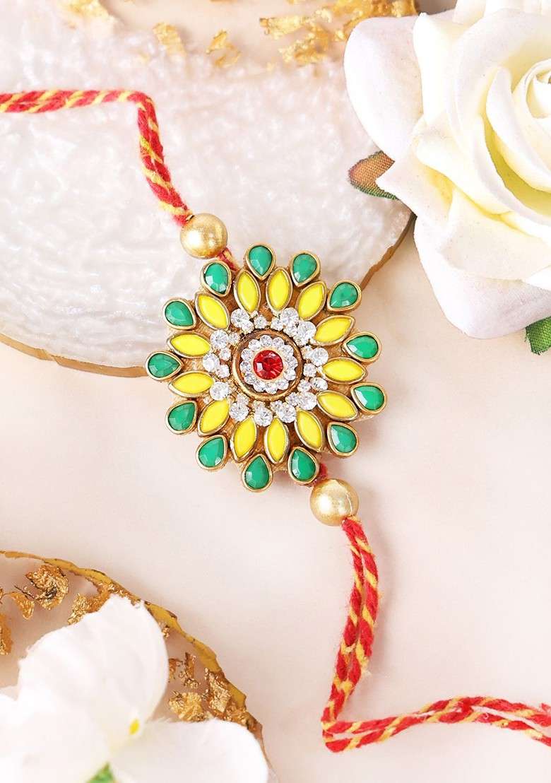Gold Plated Set Of 2 Stone Studded Bhaiya Bhabhi Rakhis With Roli Chawal - Indya