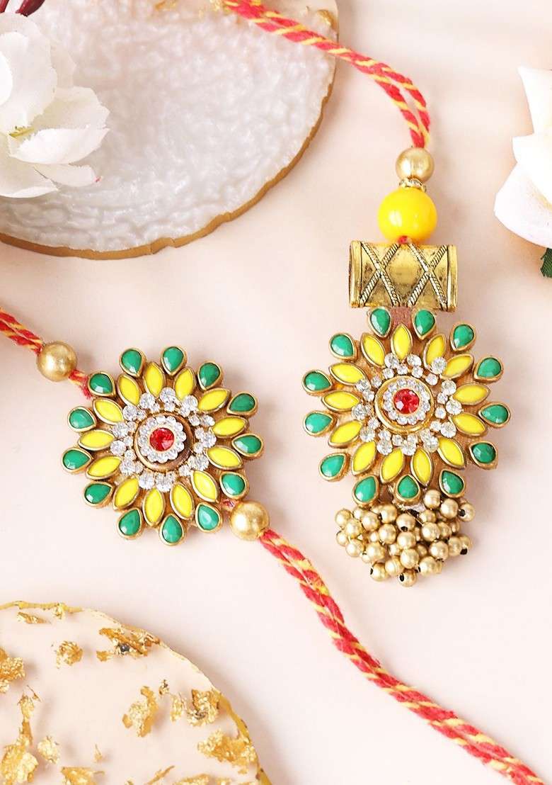 Gold Plated Set Of 2 Stone Studded Bhaiya Bhabhi Rakhis With Roli Chawal - Indya