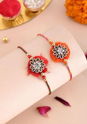 Set Of 2 Floral Thread Rakhi With Roli Chawal And Greeting Card