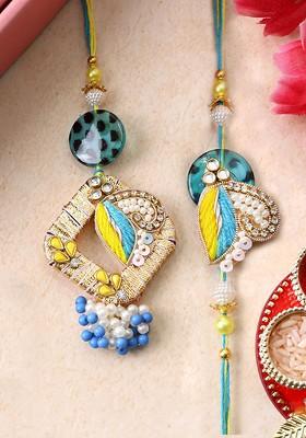 Set Of 2 Stone Studded And Beaded Bhaiya Bhabhi Rakhi With Roli Chawal