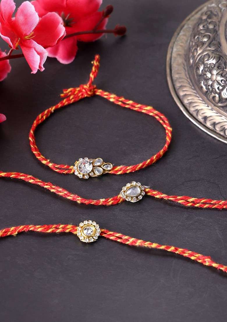 Unisex Set Of 3 Gold Plated Stone Studded Thread Rakhis With Roli Chawal - Indya